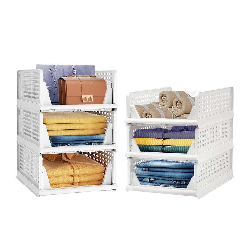 GoHooked white foldable plastic wardrobe organizers stacked with folded shirts, jeans, and accessories inside.