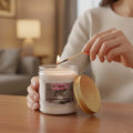 GoHooked white glass jar candle with Mystic Musk Ralph fragrance, lit by a match.