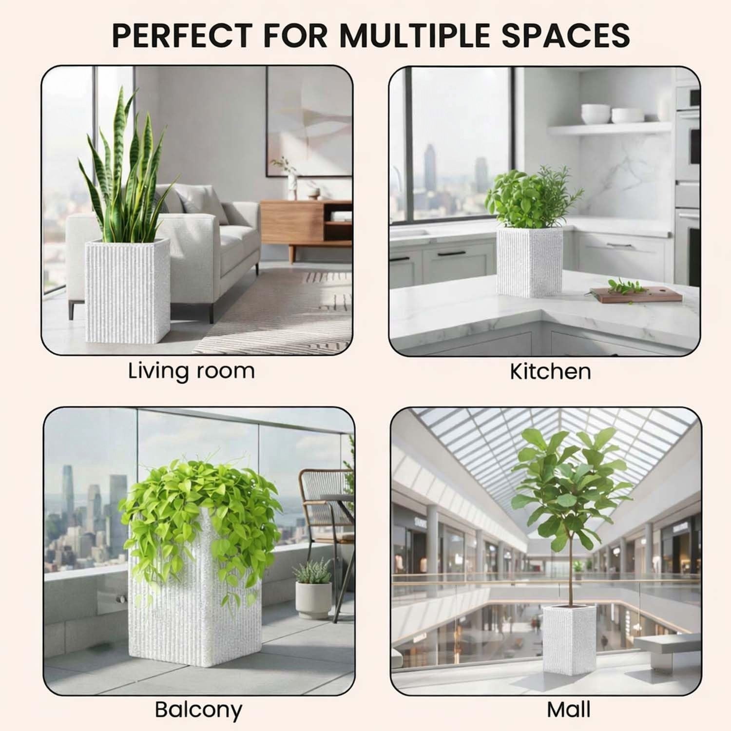 GoHooked white tall square polymer planter with granite ribbed design, 10x16 inches, for indoor/outdoor plants.