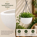 Go Hooked white speckled polymer hanging planter pot with metal chain, 7 inch round bowl for indoor/outdoor use.