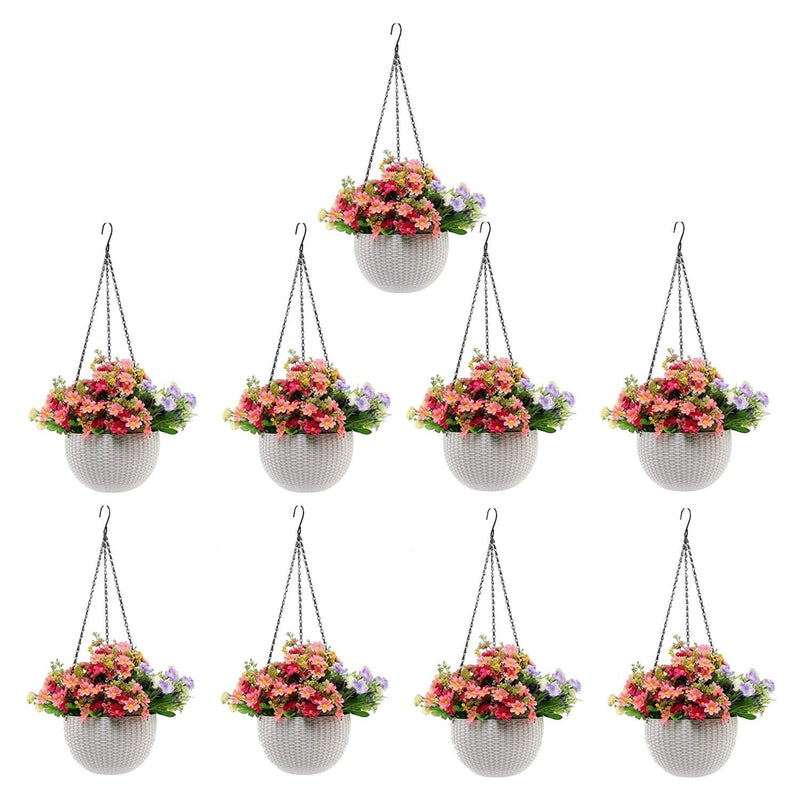 GoHooked white plastic hanging pots with woven texture, 7.1 inch diameter, set of 9. Filled with pink and purple flowers.
