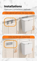 GoHooked white plastic hanging trash bin with lid, shown mounted on a cabinet door and wall using two installation methods.