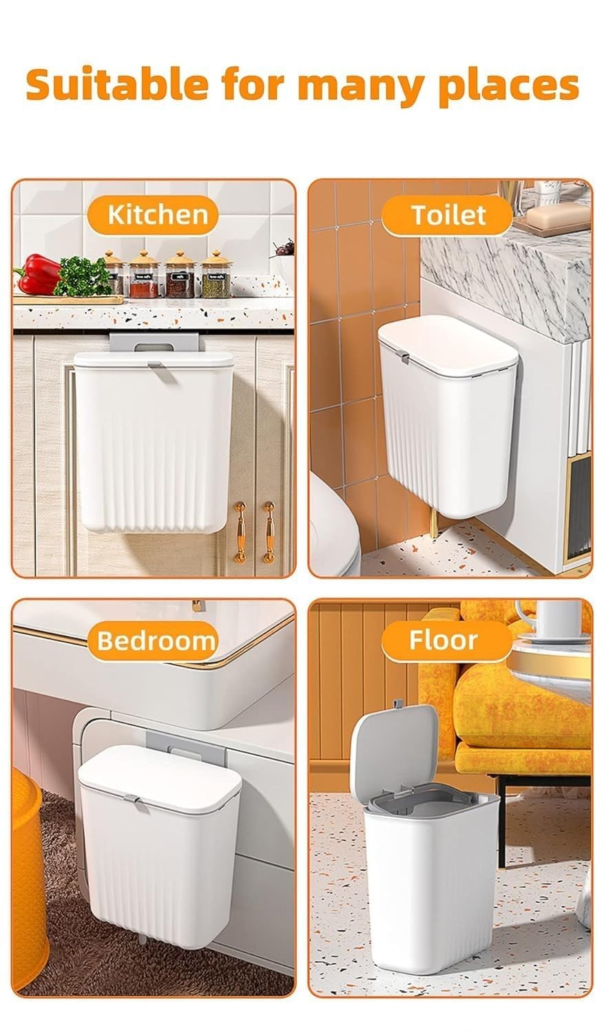 GoHooked white plastic hanging trash bin with lid, 29 cm, space-saving for kitchen, toilet, bedroom, or floor.