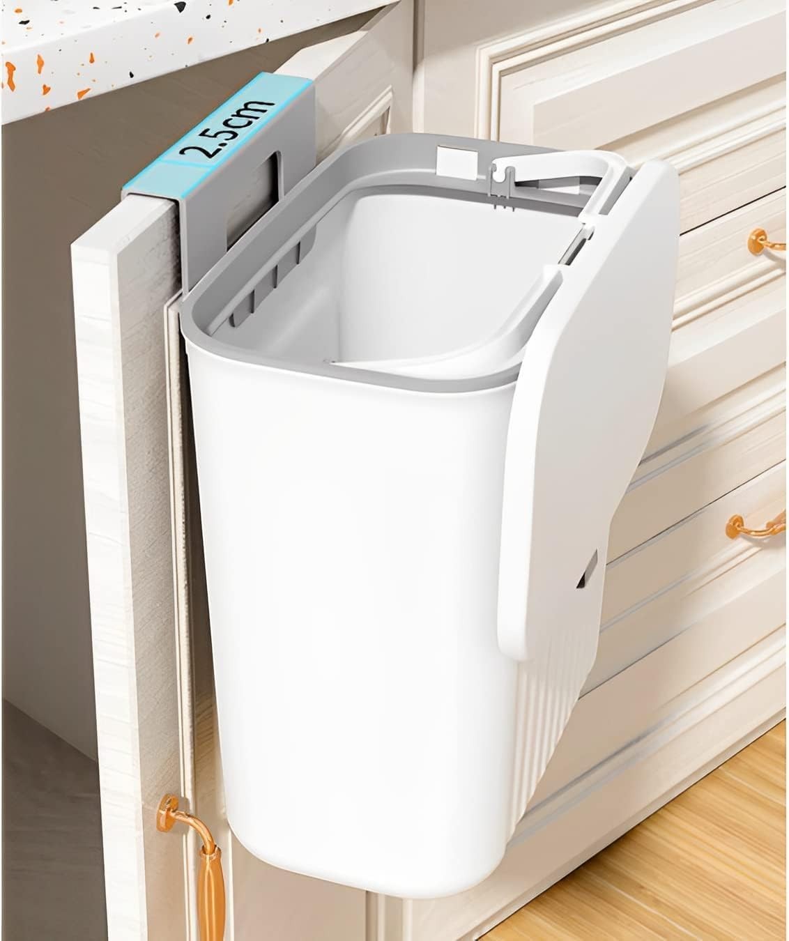 GoHooked white plastic hanging trash bin with lid, ideal for kitchen or office, 2.5cm door mount