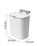 GoHooked white plastic hanging trash bin with lid, 29cm tall, for cabinet doors or walls, space-saving design.