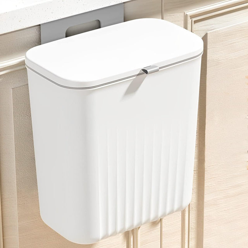 GoHooked white plastic hanging trash bin with lid, 29 cm, wall-mounted, space-saving for dry & wet waste.