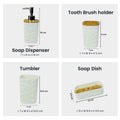 GoHooked white plastic 4-piece bathroom set with heart embossed design: soap dispenser, toothbrush holder, tumbler, and soap dish.