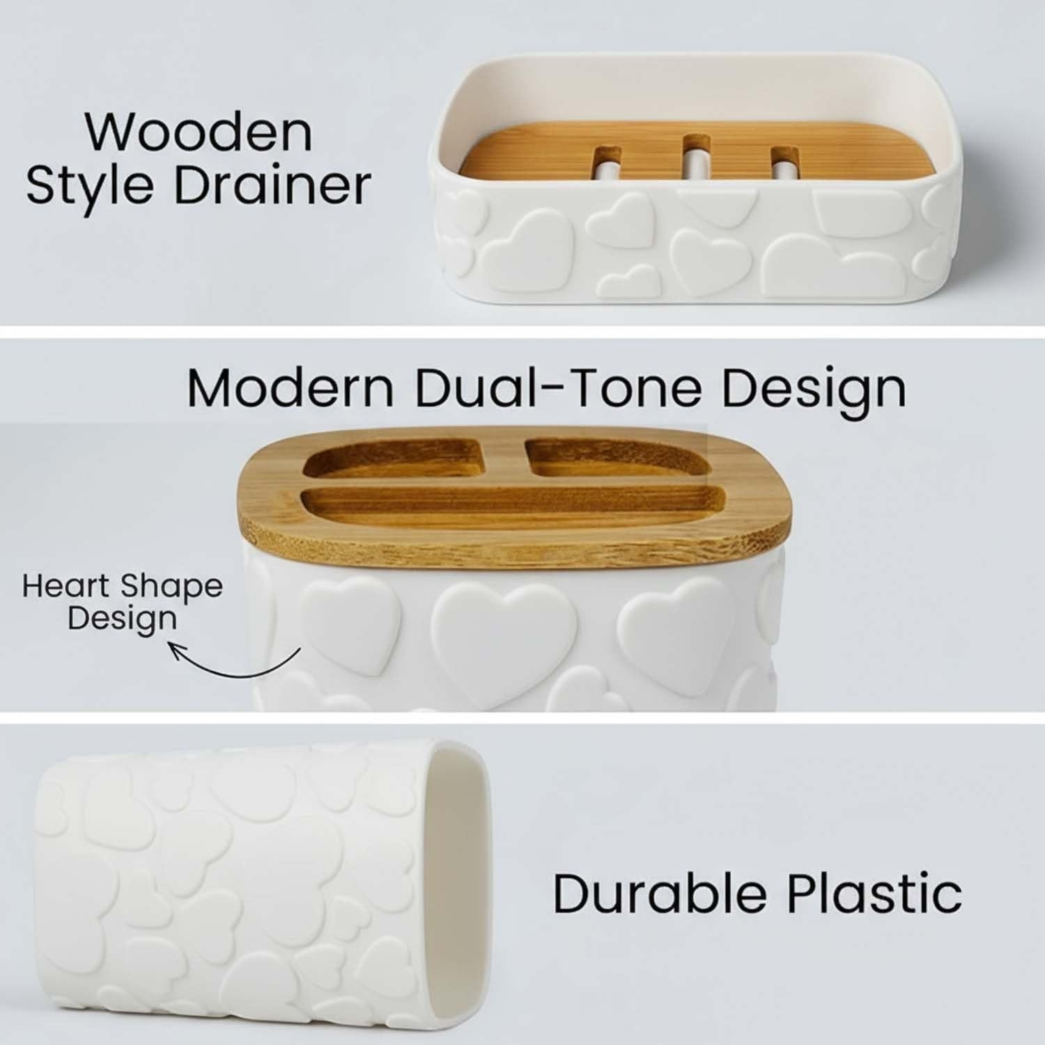 Go Hooked white plastic 4-piece bathroom set with heart embossed design, includes soap dispenser, toothbrush holder, tumbler, and soap dish.