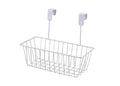 GoHooked white iron over-the-door hanging basket with two hooks, ideal for kitchen or bathroom storage.