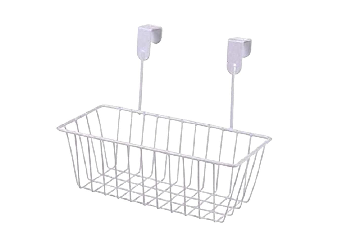 GoHooked white iron over-the-door hanging basket with two hooks, ideal for kitchen or bathroom storage.