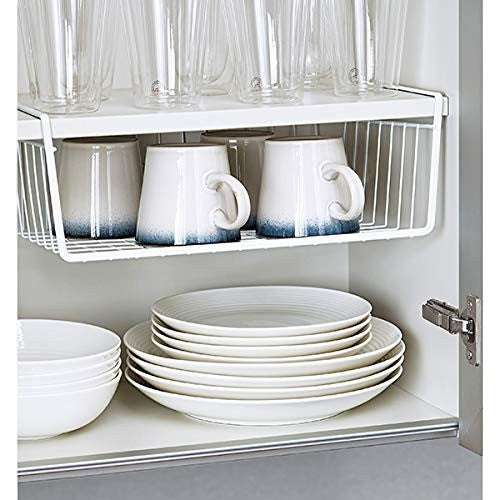 GoHooked white powder-coated iron under-shelf basket holding mugs, set of 3