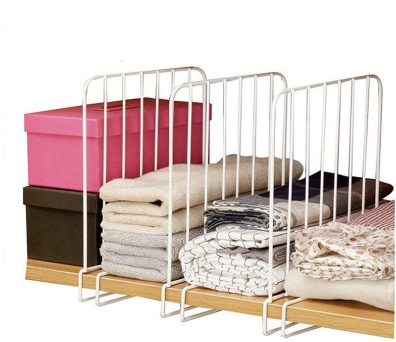 GoHooked white coated iron shelf dividers organize folded towels, blankets, and boxes on a wooden shelf. Pack of 3.