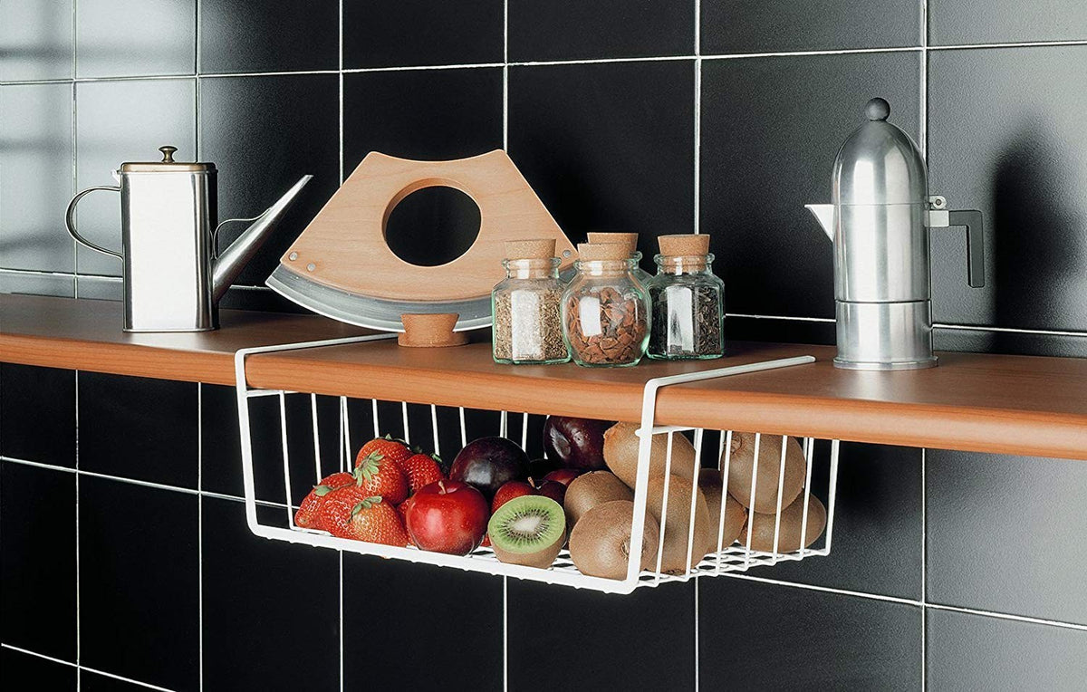 Go Hooked white powder-coated iron under-shelf basket holding strawberries, apples, plums, and kiwis.