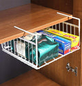 Go Hooked white powder-coated iron under-shelf basket holding kitchen wrap and wax paper. Set of 3.