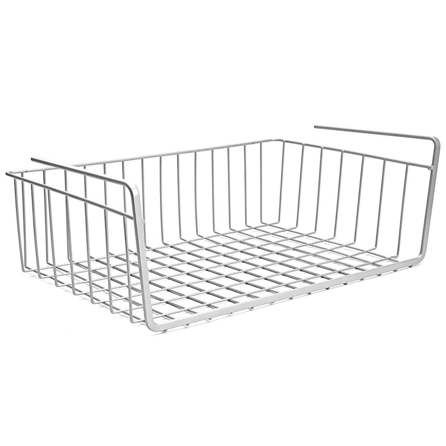 Go Hooked white powder-coated iron under shelf basket, 16-inch large wire storage for pantry or closet.