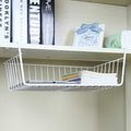 GoHooked white powder-coated iron under-shelf basket organiser holding notebooks and a tablet.