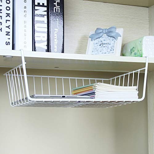 GoHooked white powder-coated iron under-shelf basket organiser holding notebooks and a tablet.