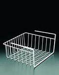 GoHooked white powder-coated iron under shelf basket with grid base and open top for kitchen organization.