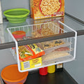 GoHooked white iron under shelf basket organiser holding ramen, sugar, nuts, and rice. Modern style.