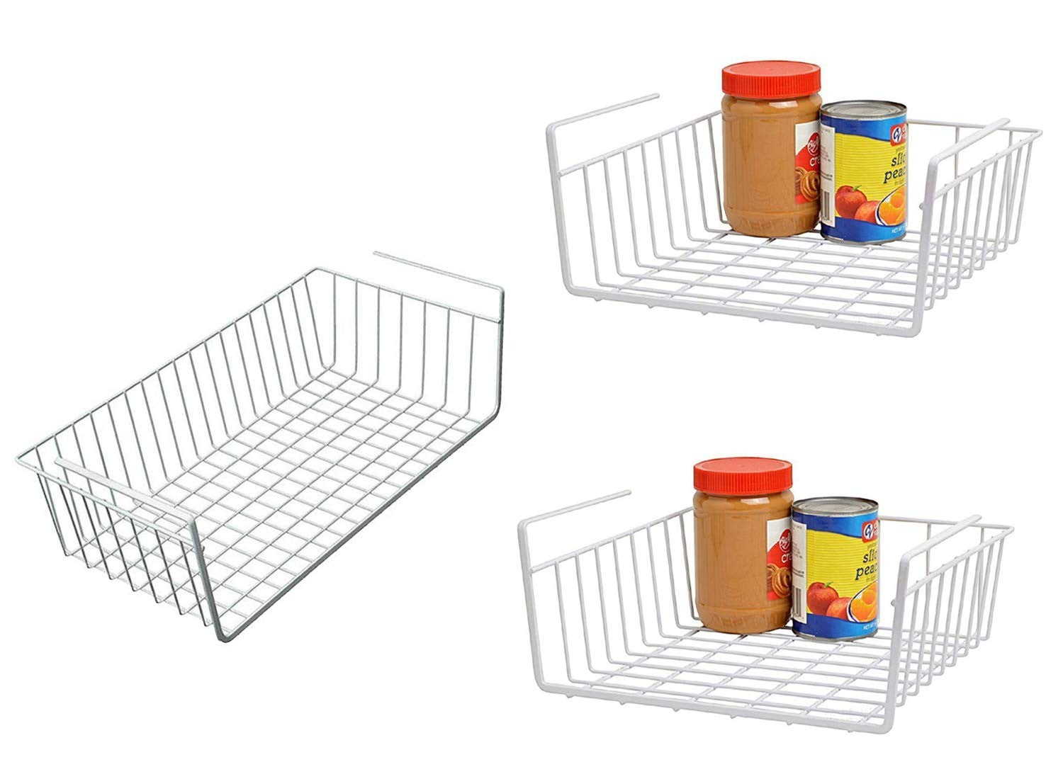GoHooked white coated iron under shelf storage basket organizer rack, 12 and 16 inch sizes