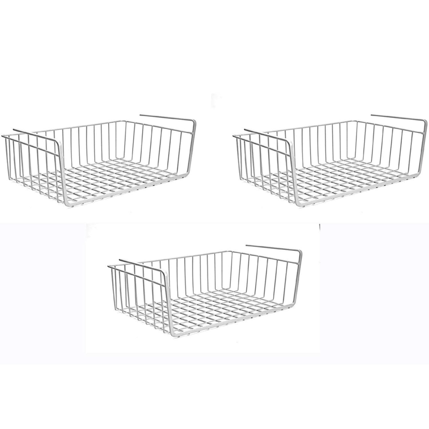 Go Hooked white powder coated iron under shelf basket, set of 3. Space-saving, versatile, heavy-duty wire storage.
