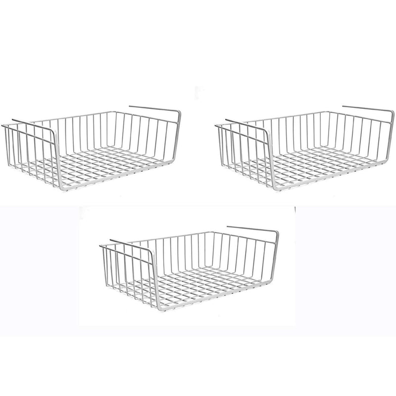 Go Hooked white powder coated iron under shelf basket, set of 3. Space-saving, versatile, heavy-duty wire storage.
