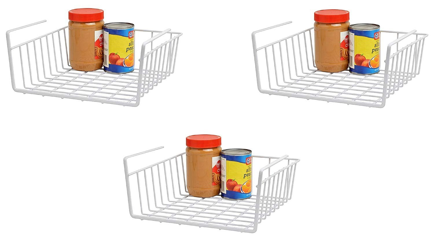 Go Hooked white powder-coated iron under shelf basket, set of 3, for kitchen and pantry storage. Includes 2 jars.