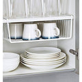 GoHooked white powder coated iron under shelf basket with grid pattern, perfect for pantry or cabinet storage.