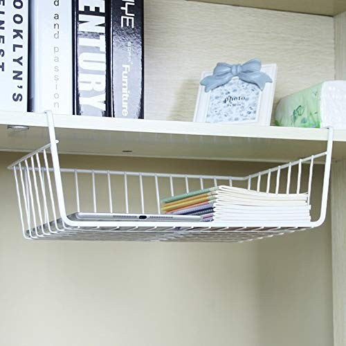 Go Hooked white powder coated iron under shelf basket with grid pattern, holding books and a tablet.
