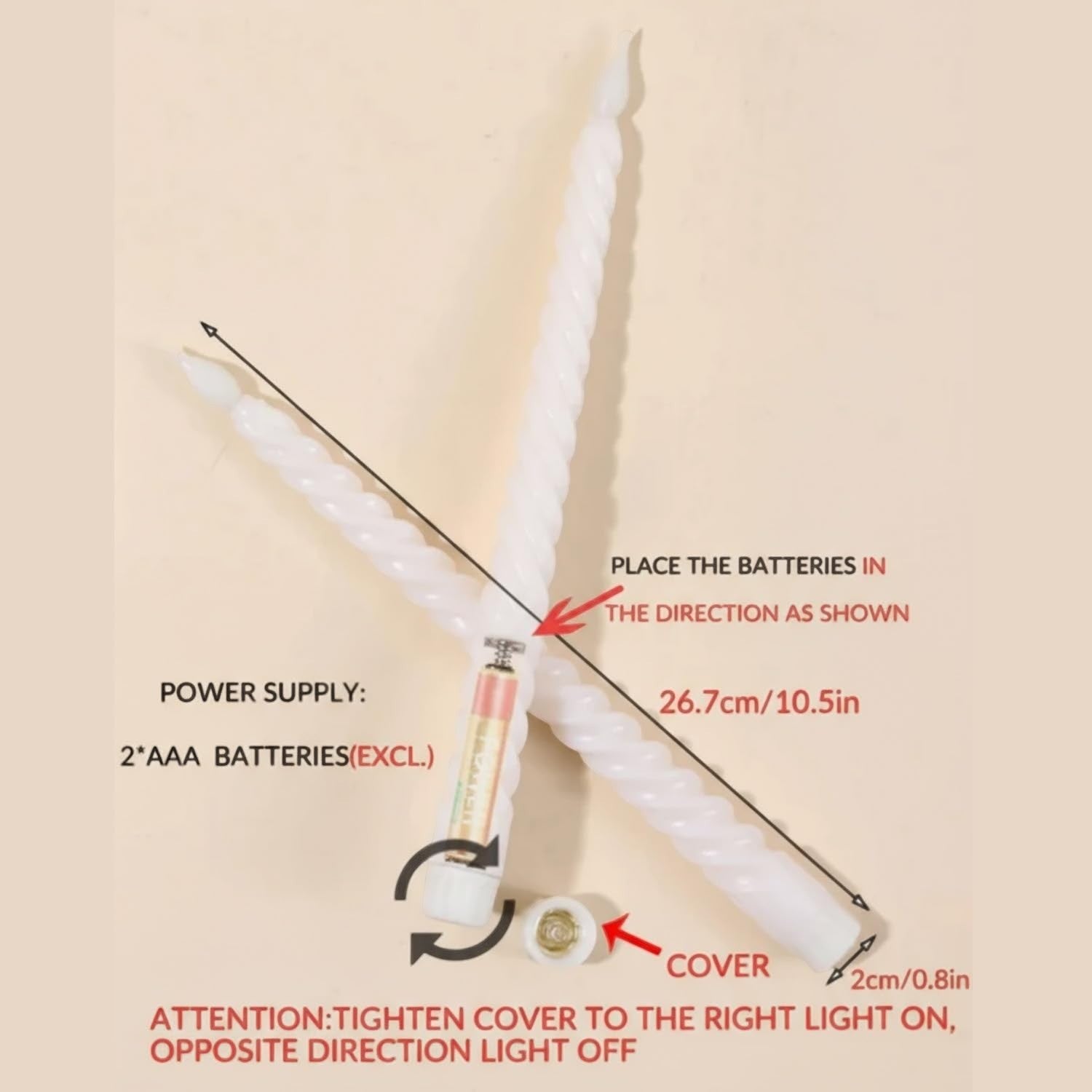 GoHooked white LED flameless taper candles, set of 12, 26.7cm long, spiral design, battery operated.