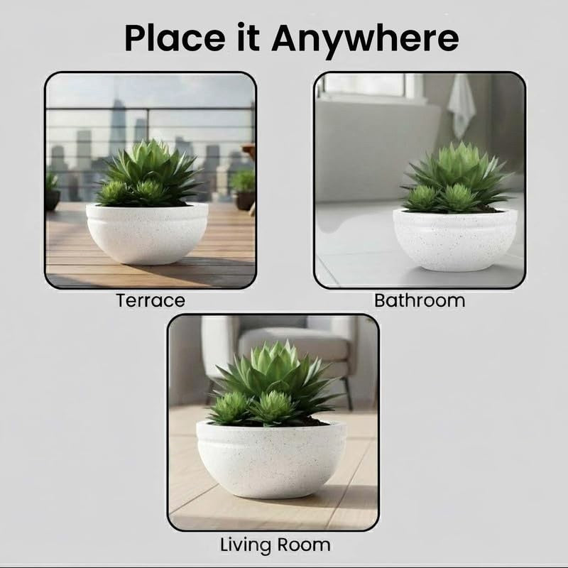 GoHooked white speckled polymer lotus bowl planter with drainage option, 25 inch diameter.