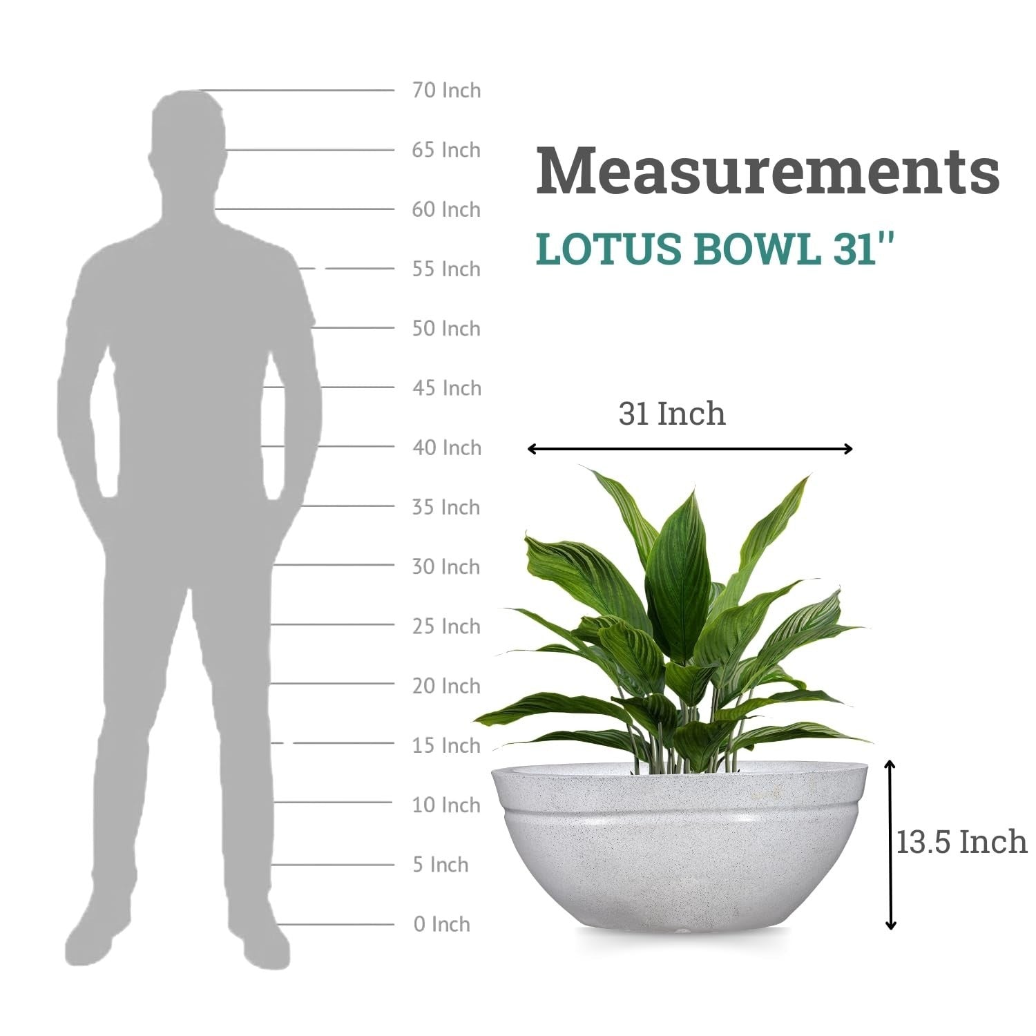 GoHooked white polymer lotus bowl planter, 31 inch diameter, 13.5 inch height, with drainage option.
