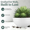 GoHooked white polymer lotus bowl planter with a succulent plant. UV protected, unbreakable, lightweight, and non-fading.