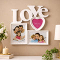 Go Hooked white plastic multi photo frame with LOVE word design and heart shape for 3 photos, ideal for couples.