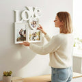 GoHooked white plastic multi photo frame with LOVE word design and heart shape for couples. Holds 3 photos.