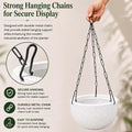 GoHooked white marble textured polymer hanging planter pot with black metal chain, 7 inch round bowl design.