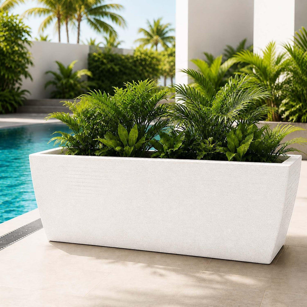 Go Hooked white marble textured rectangular polymer planter pot with drainage hole, 36x14 inches.