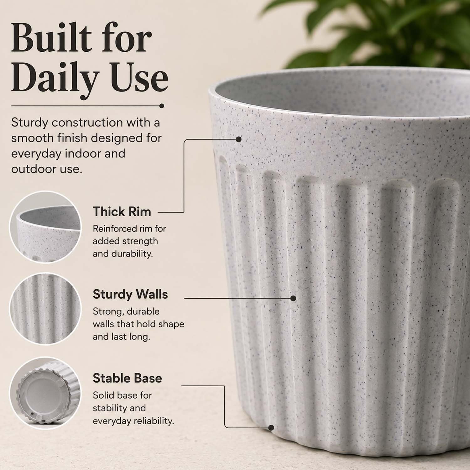GoHooked 8-inch round plastic planter pot in white marble texture with a ribbed design for indoor and outdoor use.