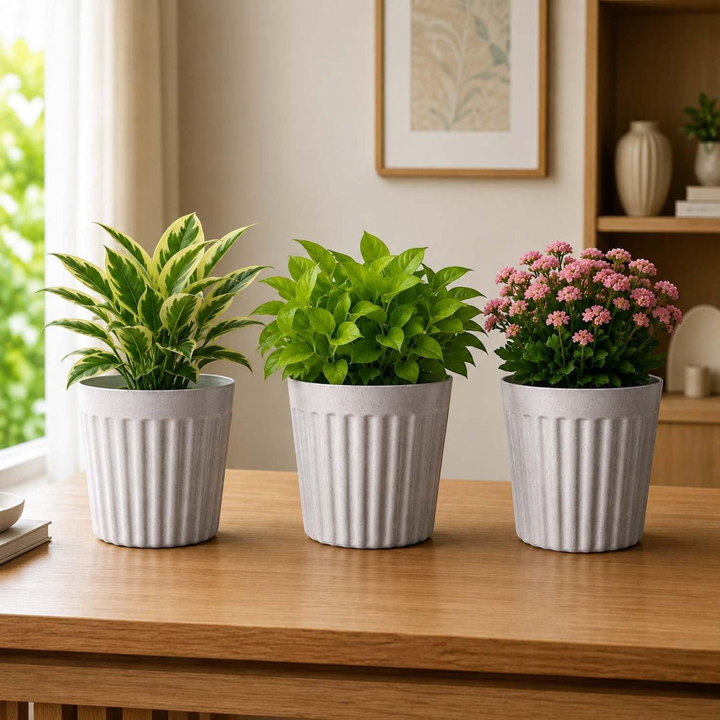 GoHooked set of three round white marble-textured plastic planter pots with a modern ribbed design on a wooden table.