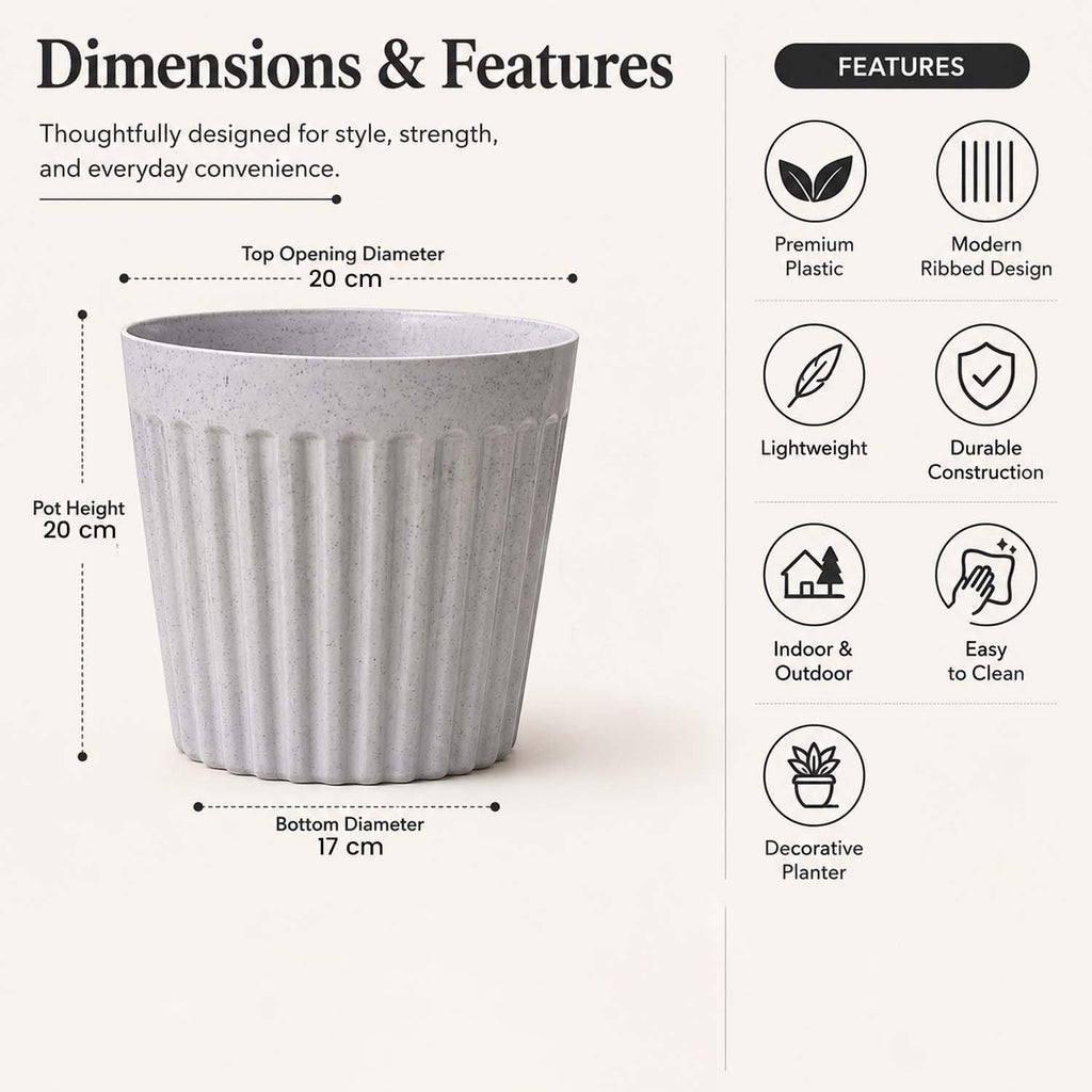 GoHooked 8-inch round plastic planter pot with a white marble texture and modern ribbed vertical design.