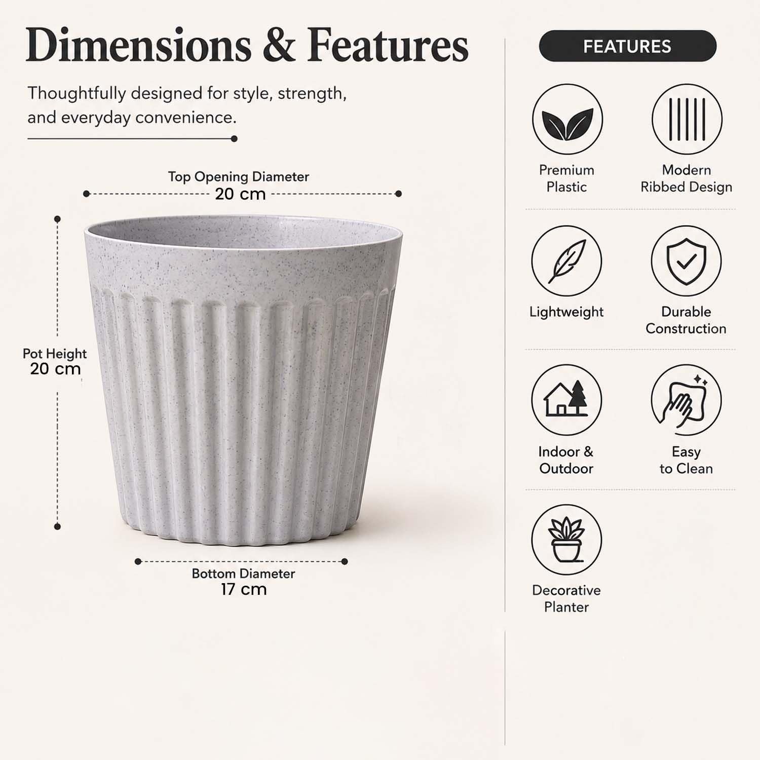 GoHooked 8-inch round plastic planter pot with a white marble texture and modern ribbed vertical design.