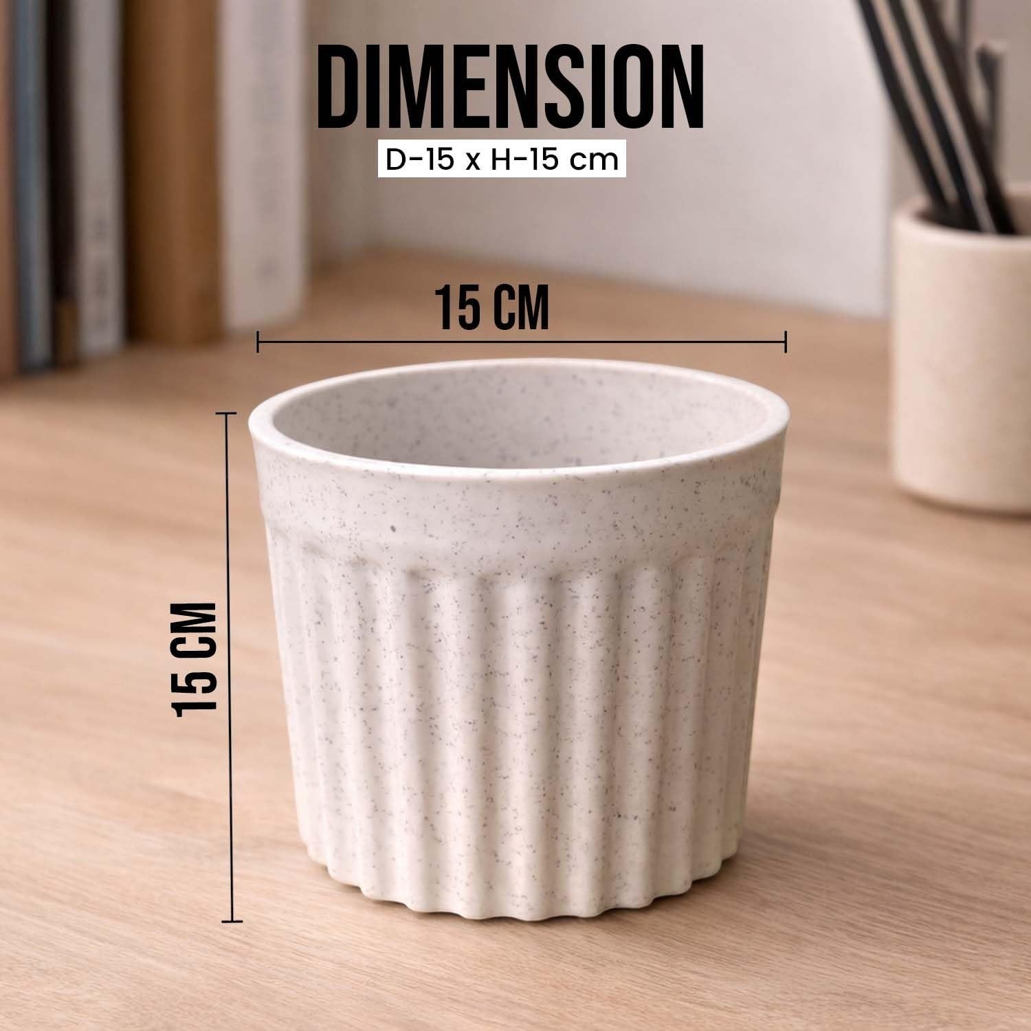 GoHooked white marble texture ribbed plastic plant pot, 6 inch size, modern design for indoor/outdoor use.
