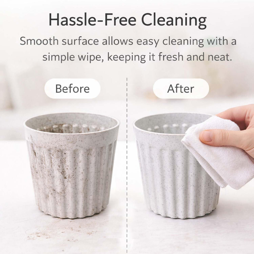 GoHooked 6 inch white marble texture ribbed plastic plant pot, shown before and after cleaning.