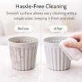 GoHooked white marble texture ribbed plastic plant pot, 6 inch, set of 3. Shows before and after cleaning.