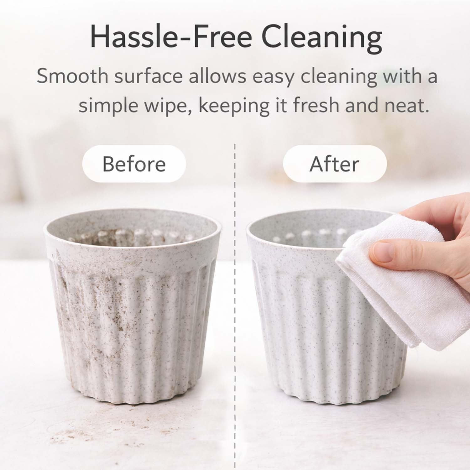 GoHooked white marble texture ribbed plastic plant pot, 6 inch, set of 3. Shows before and after cleaning.