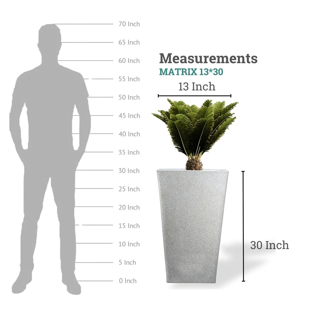 GoHooked white polymer Matrix planter, 30 inches tall, with a speckled finish. Shown with a plant for scale.