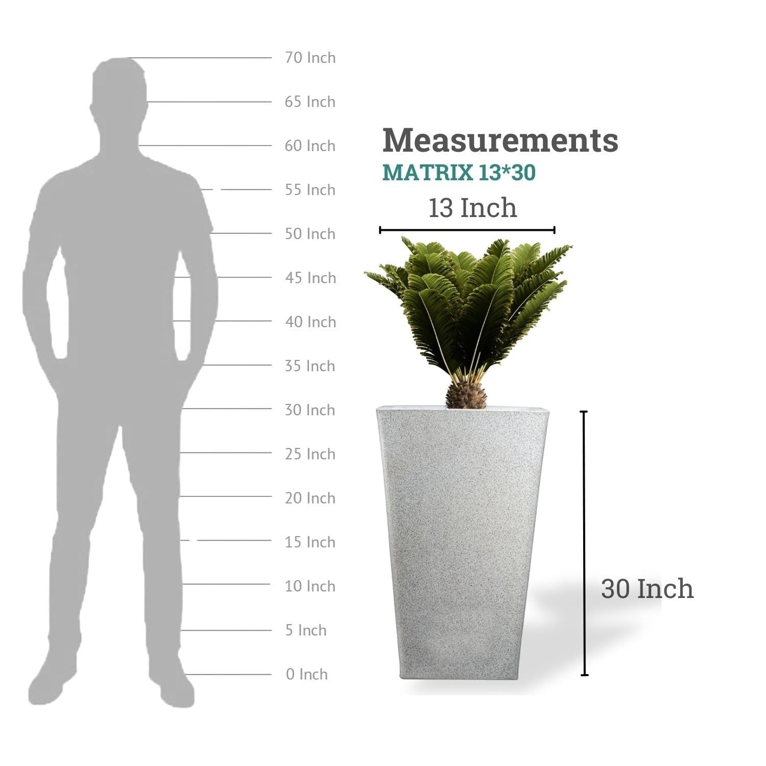 GoHooked white polymer Matrix planter, 30 inches tall, with a speckled finish. Shown with a plant for scale.