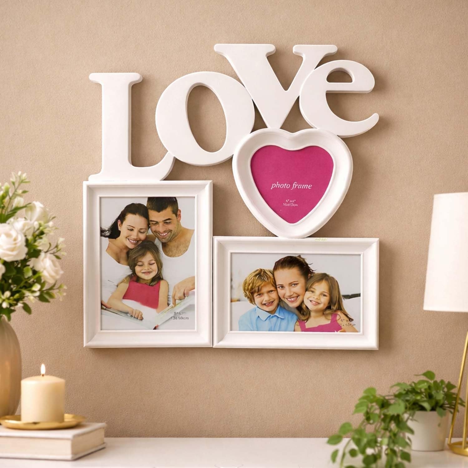 GoHooked white MDF wood "This Is Us" wall sign with heart and rectangular photo frames, rustic farmhouse decor.