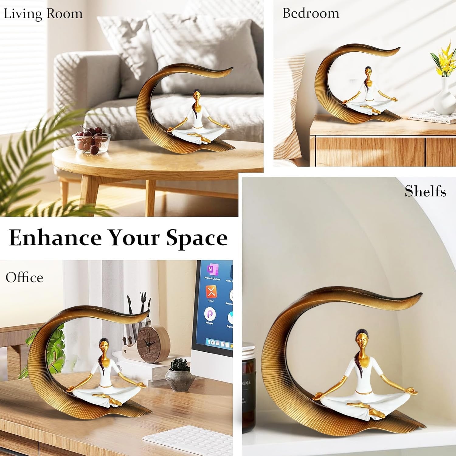 GoHooked white polyresin meditating woman yoga statue with gold accents, 22cm tall, for home and office decor.