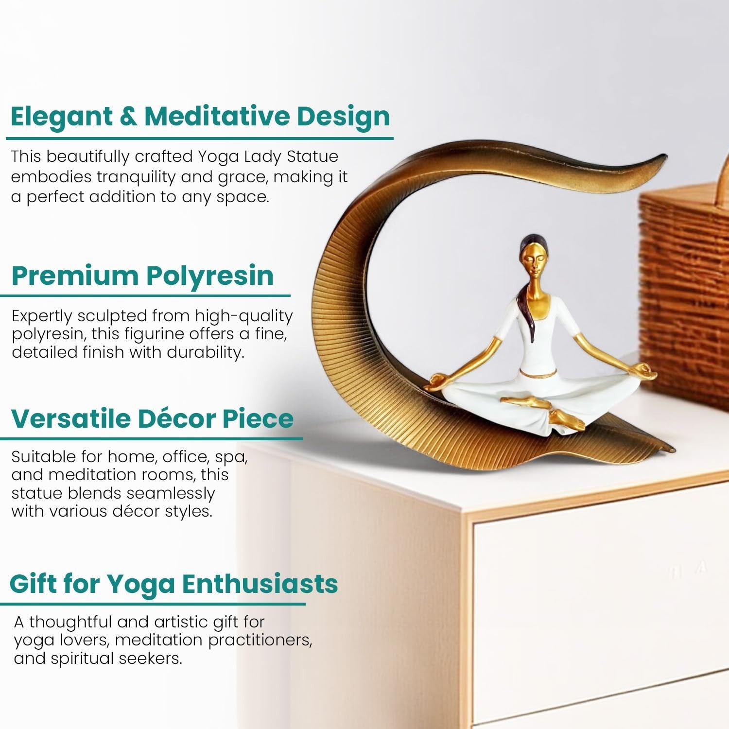 GoHooked white polyresin meditating yoga lady statue with gold accents, seated in lotus pose.